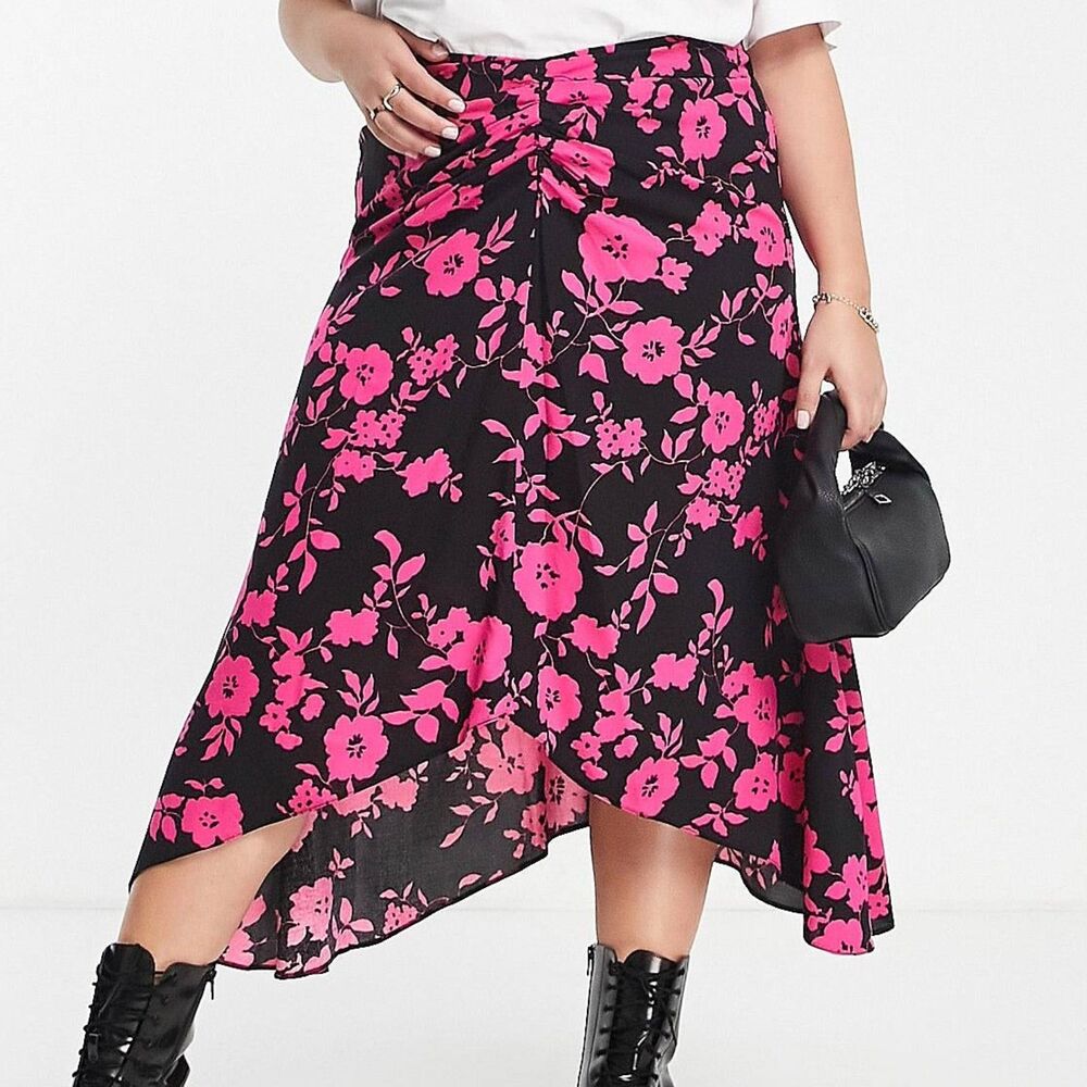 ASOS Design Curve Black Pink Floral Asymmetrical Ruched Midi Skirt Size 16